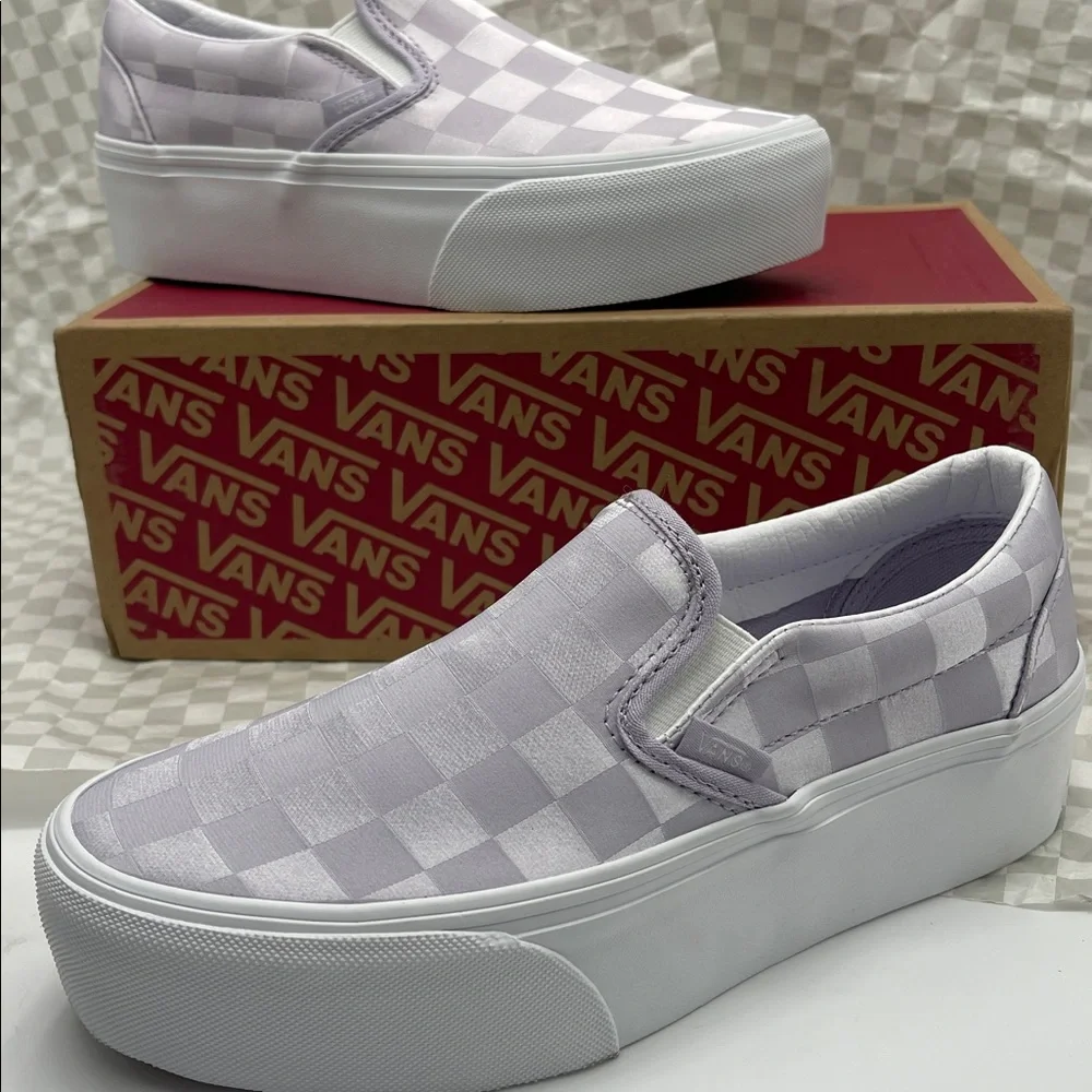 Vans Platform Sneakers Classic Slip-On Stackform Satin Checkerboard Lilac